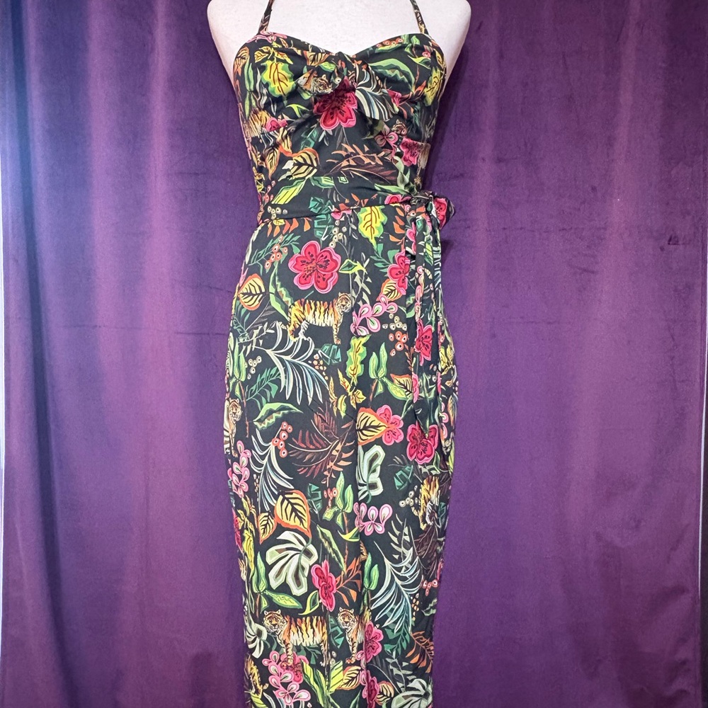 Unique Vintage Jungle Cat print Faux Wrap Halter Midi Dress